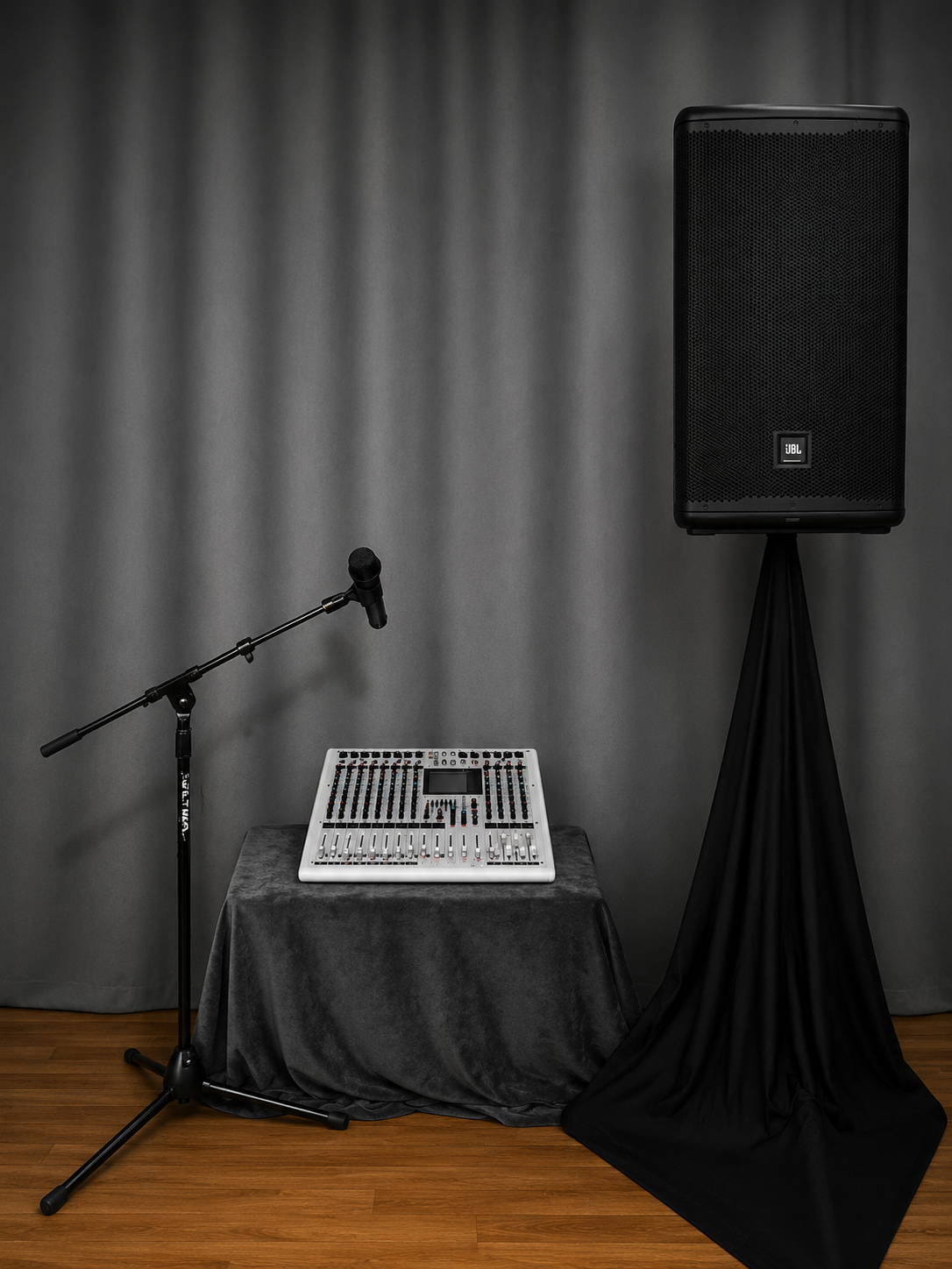 JBL speaker, audio mixer and microphone arranged as a complete sound system